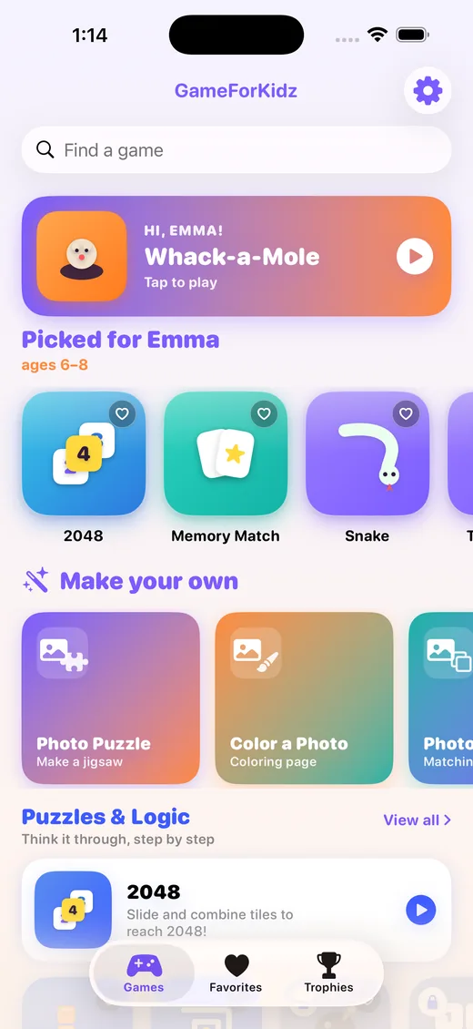 The GameForKidz app running on an iPhone, showing games picked for a child