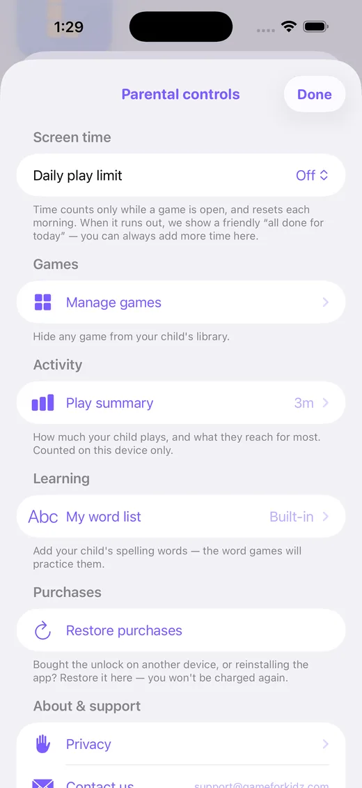 The parental controls screen showing a daily play limit, hidden games and an activity summary